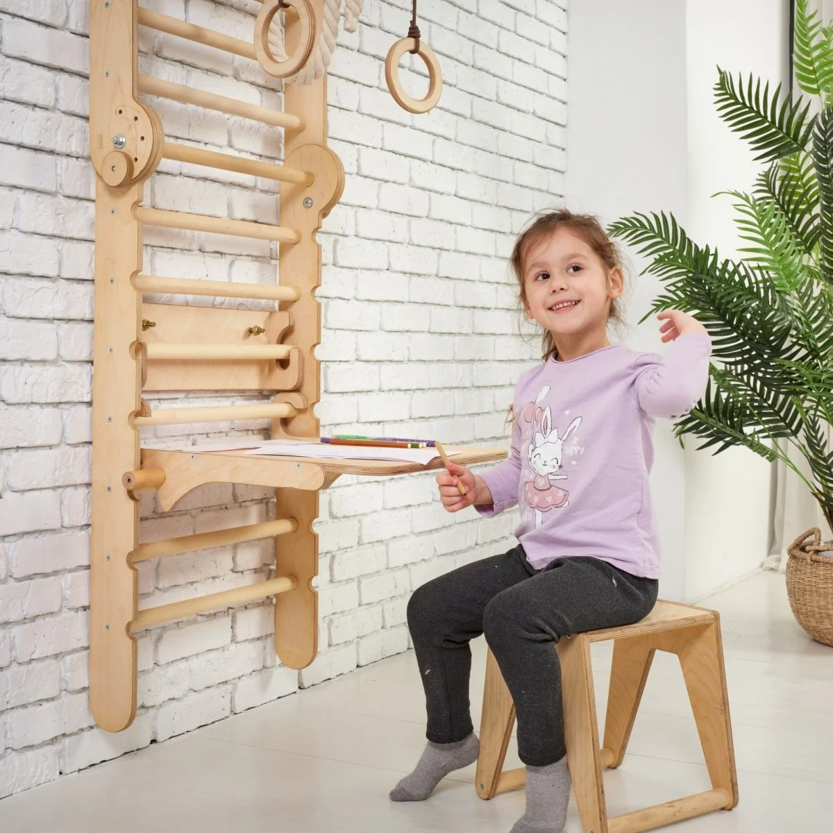 5in1: Wooden Swedish Wall / Climbing ladder for Children + Swing Set + Slide Board + Art Add-on by Goodevas - Image 6