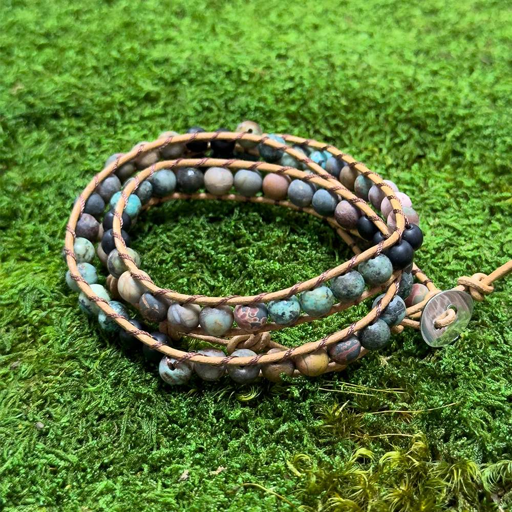 African Turquoise + Red Turquoise + Zinc Alloy + Onyx Bracelet. Light Brown Cow Leather Rope - Image 3