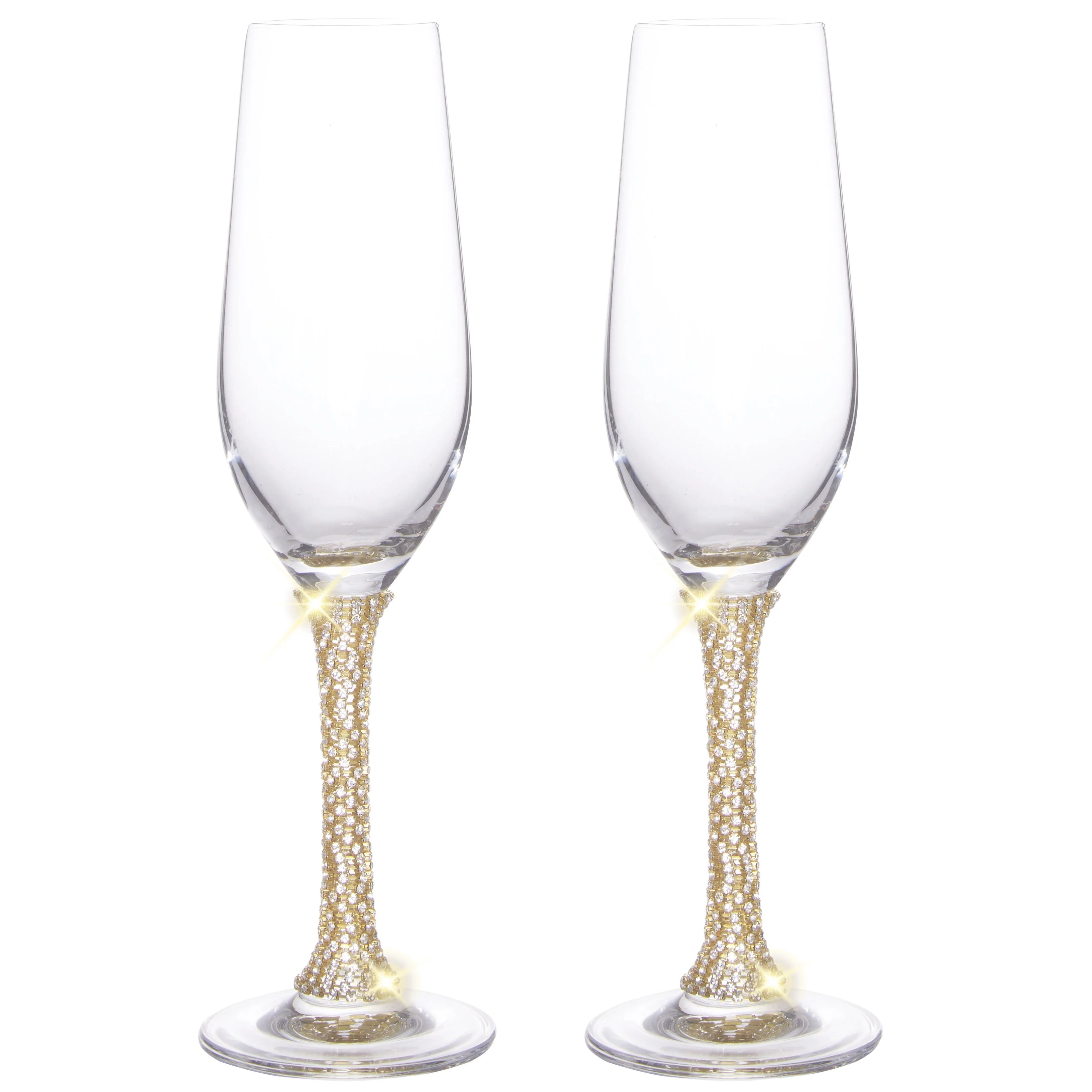 Berkware Champagne Glasses Set of 2 - Luxurious Crystal Champagne Flutes - Elegant Rhinestone Embellished Stem - Two Gold tone Champagne Glasses for toasting