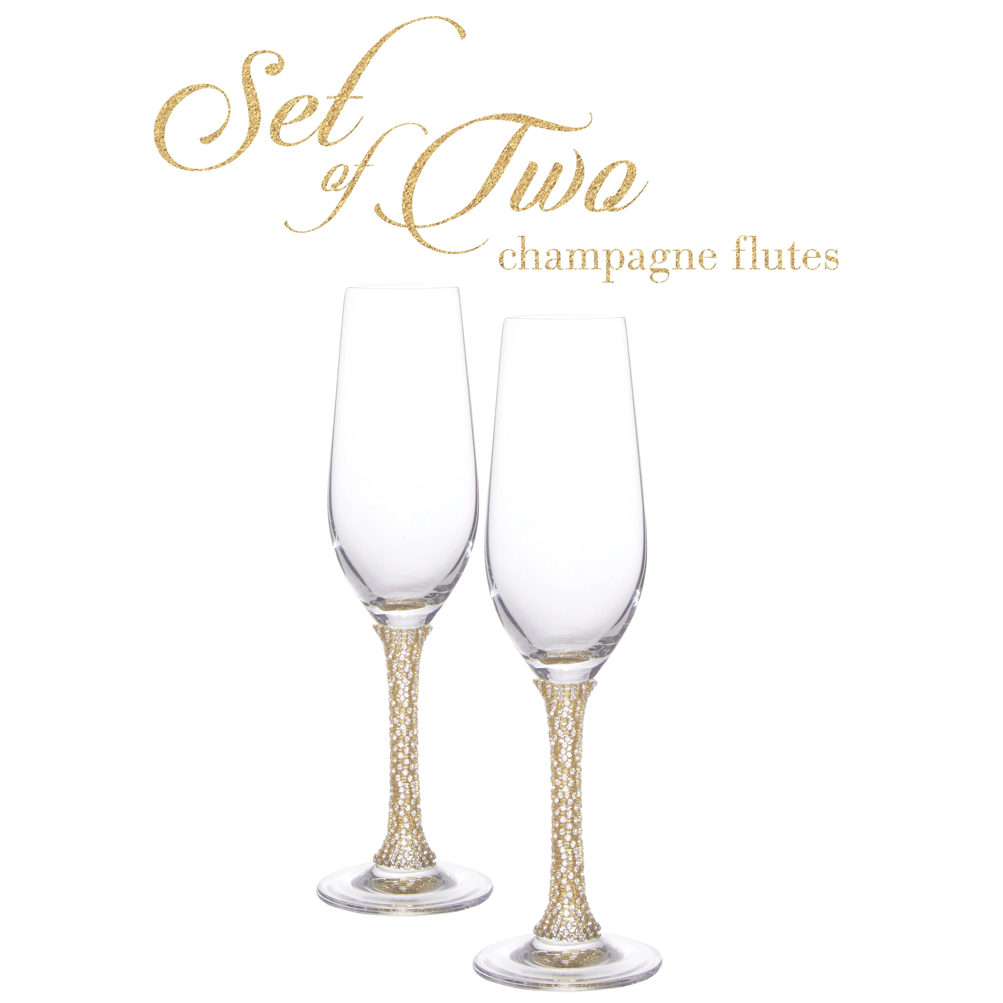 Berkware Champagne Glasses Set of 2 - Luxurious Crystal Champagne Flutes - Elegant Rhinestone Embellished Stem - Two Gold tone Champagne Glasses for toasting - Image 2
