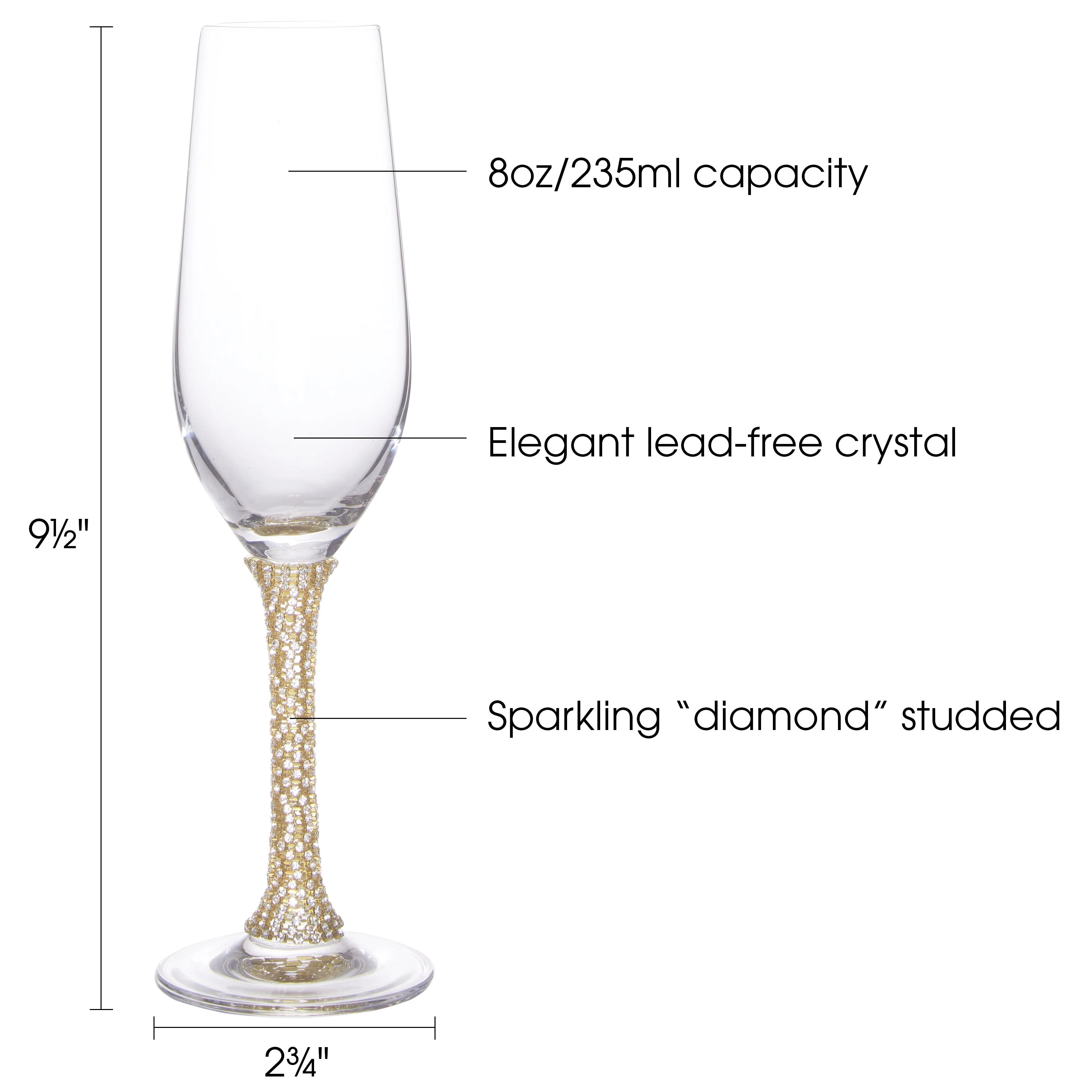 Berkware Champagne Glasses Set of 2 - Luxurious Crystal Champagne Flutes - Elegant Rhinestone Embellished Stem - Two Gold tone Champagne Glasses for toasting - Image 6