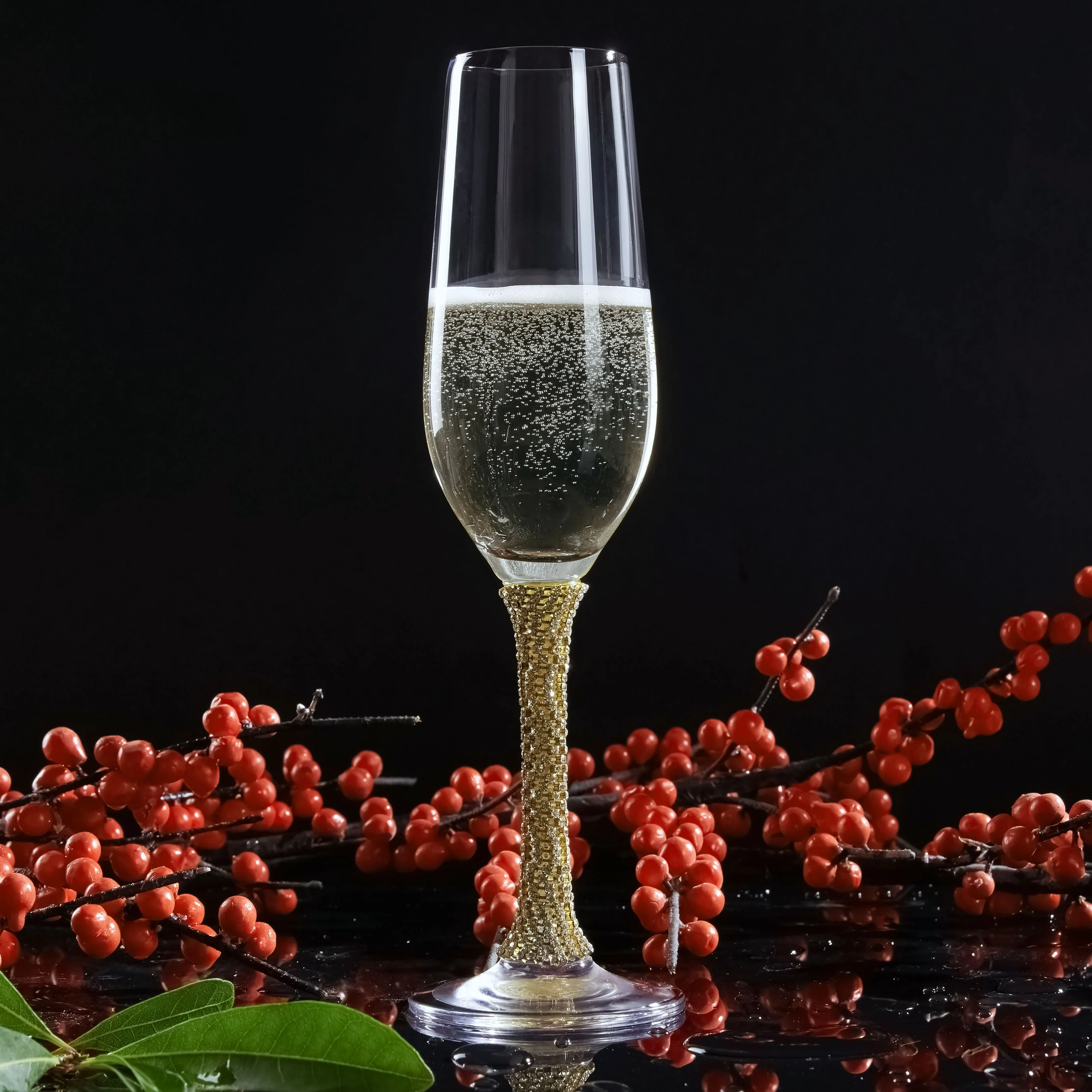Berkware Champagne Glasses Set of 2 - Luxurious Crystal Champagne Flutes - Elegant Rhinestone Embellished Stem - Two Gold tone Champagne Glasses for toasting - Image 7
