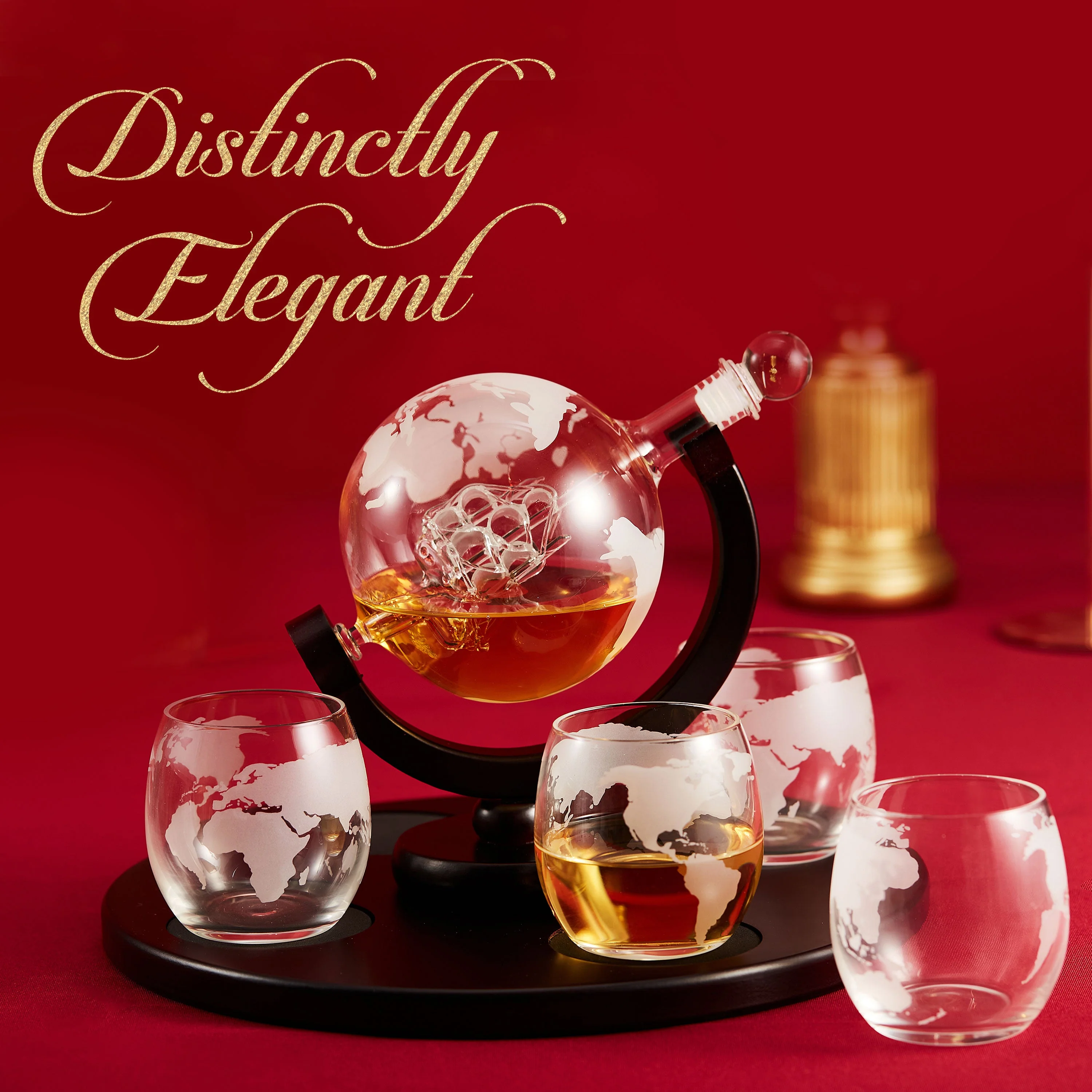 Berkware Globe Whiskey Decanter and 4 Cups Set with Wood Base - Image 3