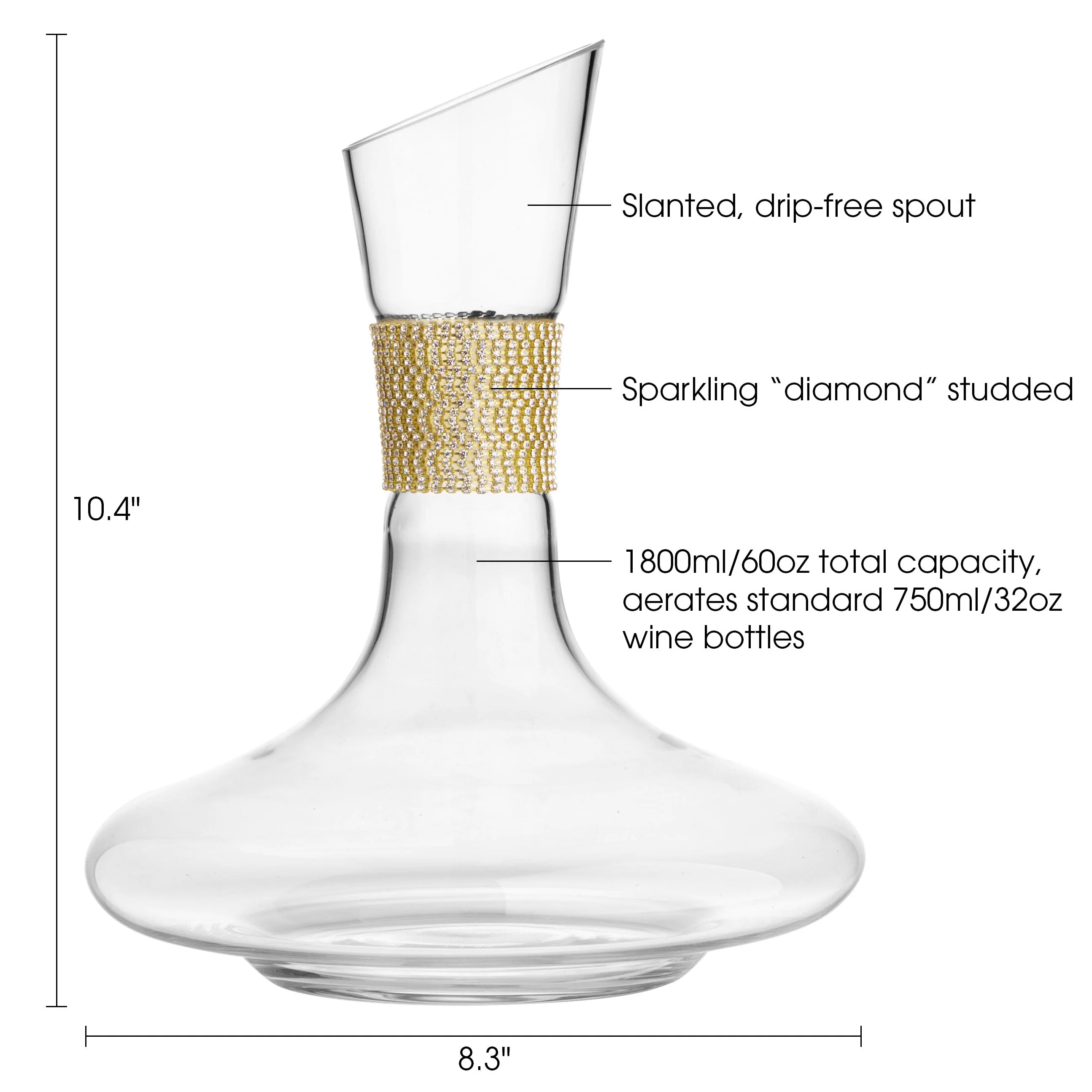 Berkware Red Wine Decanter - Luxurious 750ml Wide Base Glass Wine Carafe with Dazzling Rhinestone Design (Gold tone) - Image 3