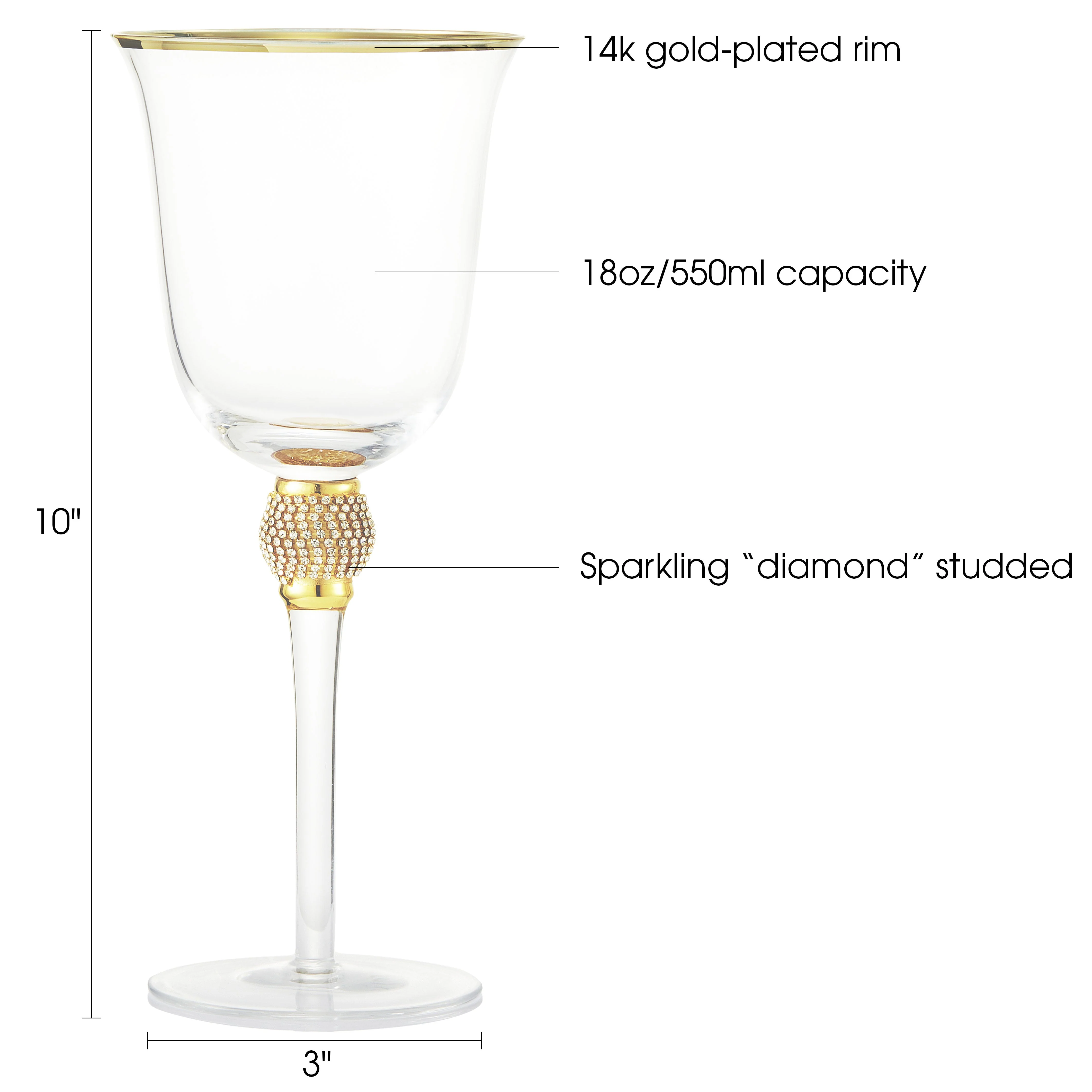 Berkware Set of 2 Gold tone Wine Glasses - Luxurious Rose and White Wine Glass with Dazzling Rhinestone Design and Gold tone Rim - Image 6