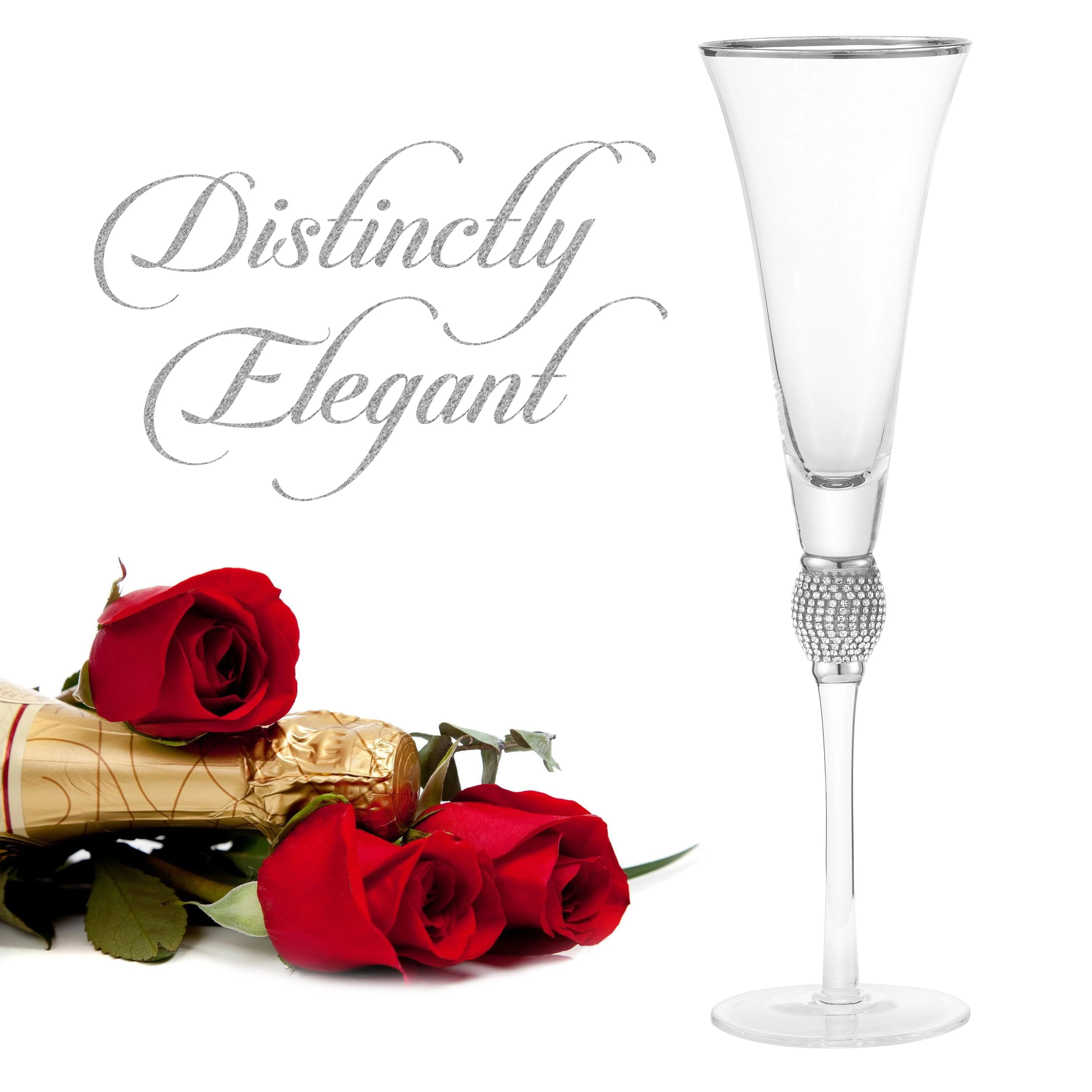 Berkware Set of 2 Trumpet Champagne Glasses - Luxurious Crystal Trumpet Champagne Flutes - Elegant Gold tone Rim & Rhinestone Embellishments - 9oz, 11" tall flutes - Champagne glasses for toasting - Image 3