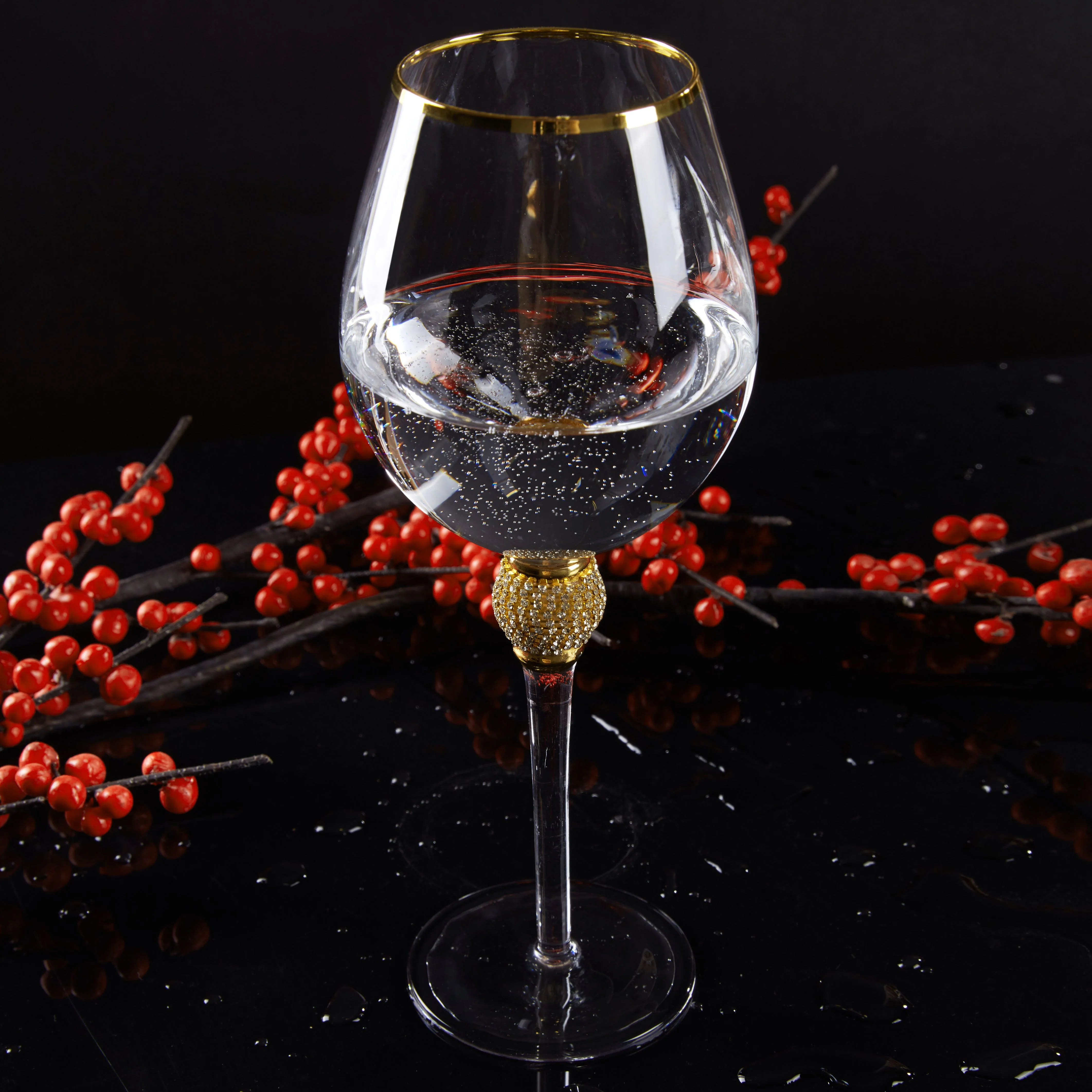 Berkware Set of 2 Wine Glasses - Luxurious and Elegant Sparkling Studded Long Stem Red Wine Glass with Gold tone Rim - Image 7