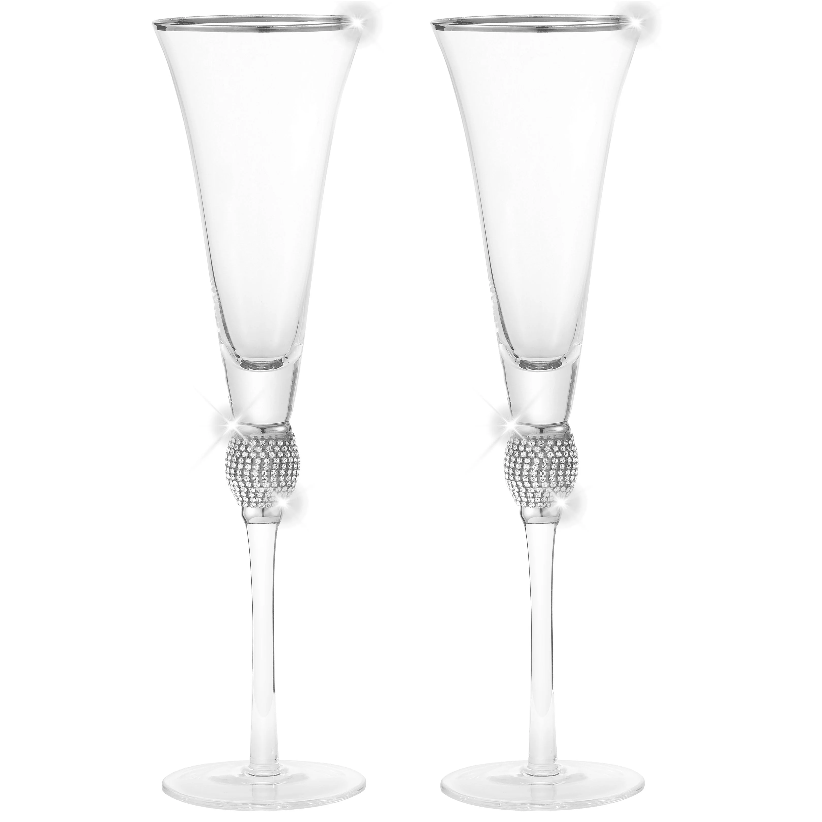 Berkware Set of 6 Champagne Glasses - Luxurious Champagne Trumpet Flutes with Silver tone Dazzling Rhinestone Design and Silver tone Rim
