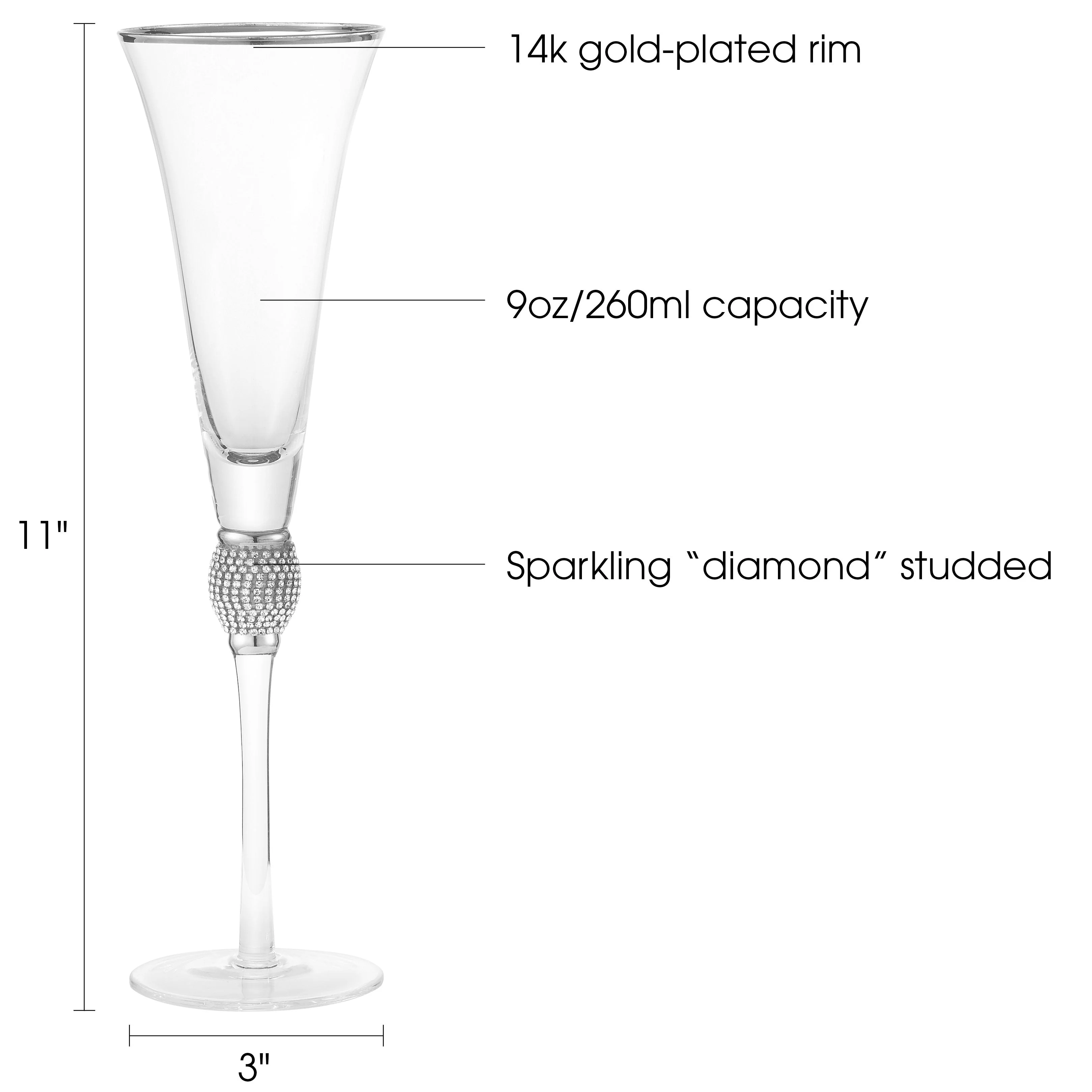 Berkware Set of 6 Champagne Glasses - Luxurious Champagne Trumpet Flutes with Silver tone Dazzling Rhinestone Design and Silver tone Rim - Image 3