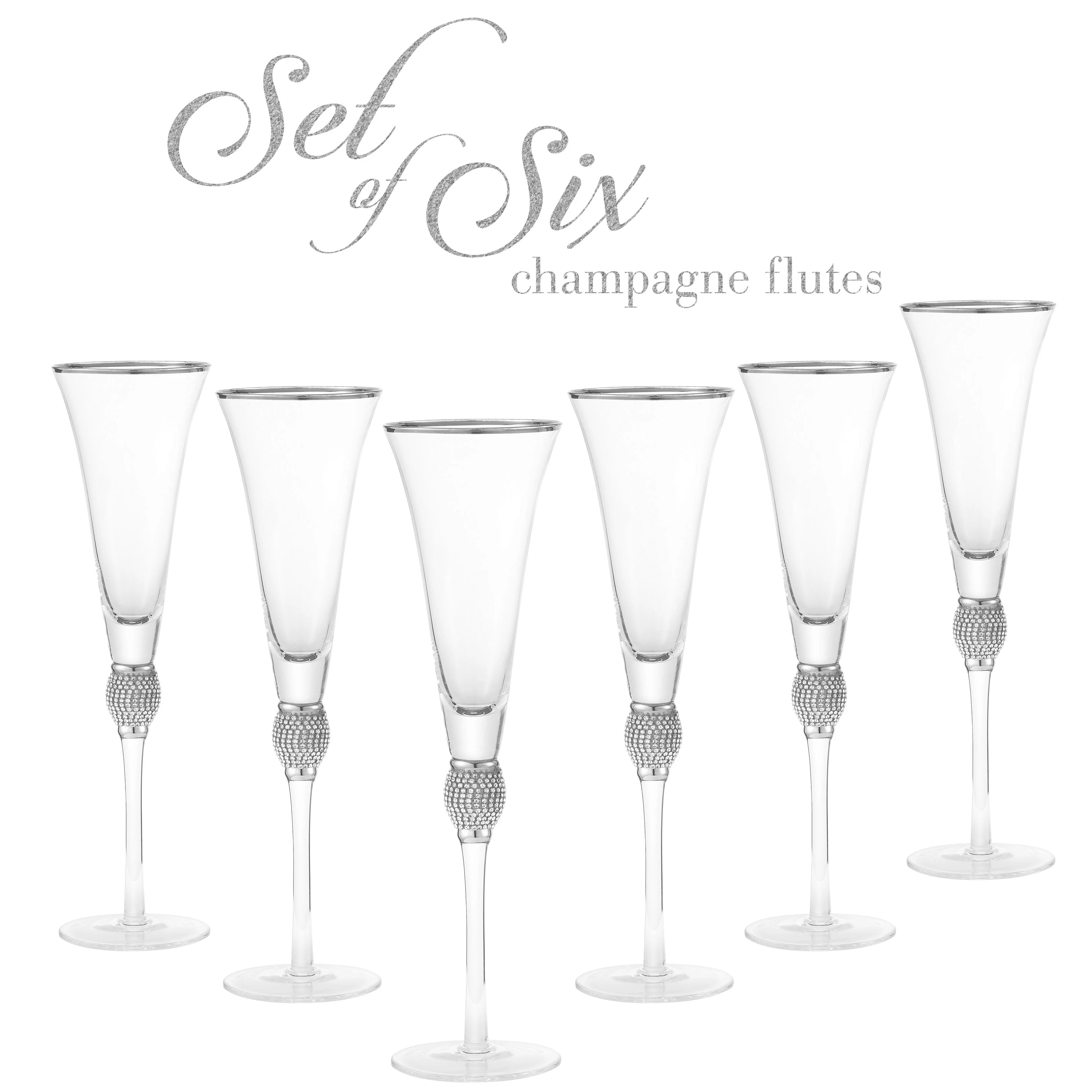 Berkware Set of 6 Champagne Glasses - Luxurious Champagne Trumpet Flutes with Silver tone Dazzling Rhinestone Design and Silver tone Rim - Image 4