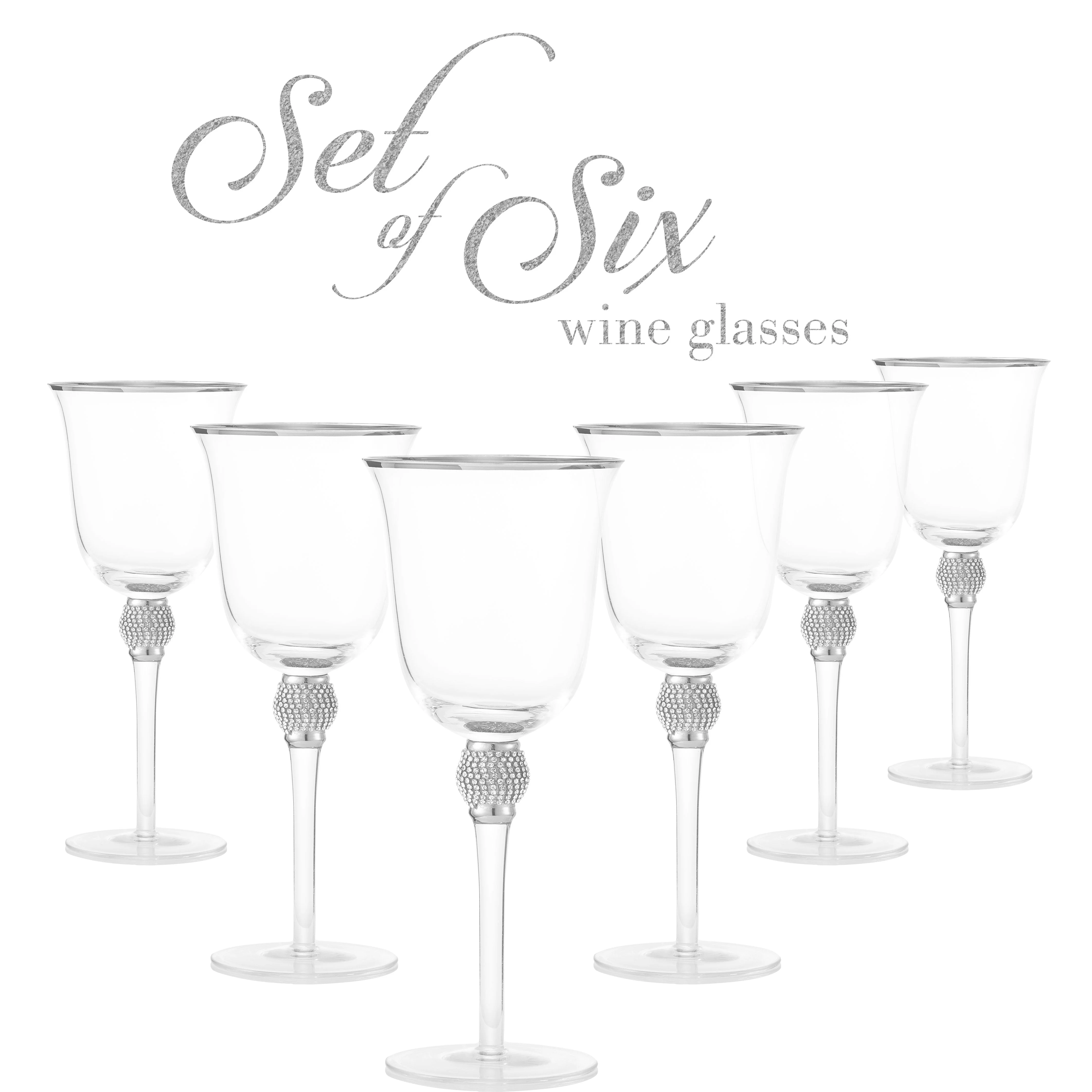 Berkware Set of 6 Rhodium Silver tone Wine Glasses - Luxurious Ros+¬ and White Wine Glass with Dazzling Rhinestone Design and Silver tone Rim - Image 2