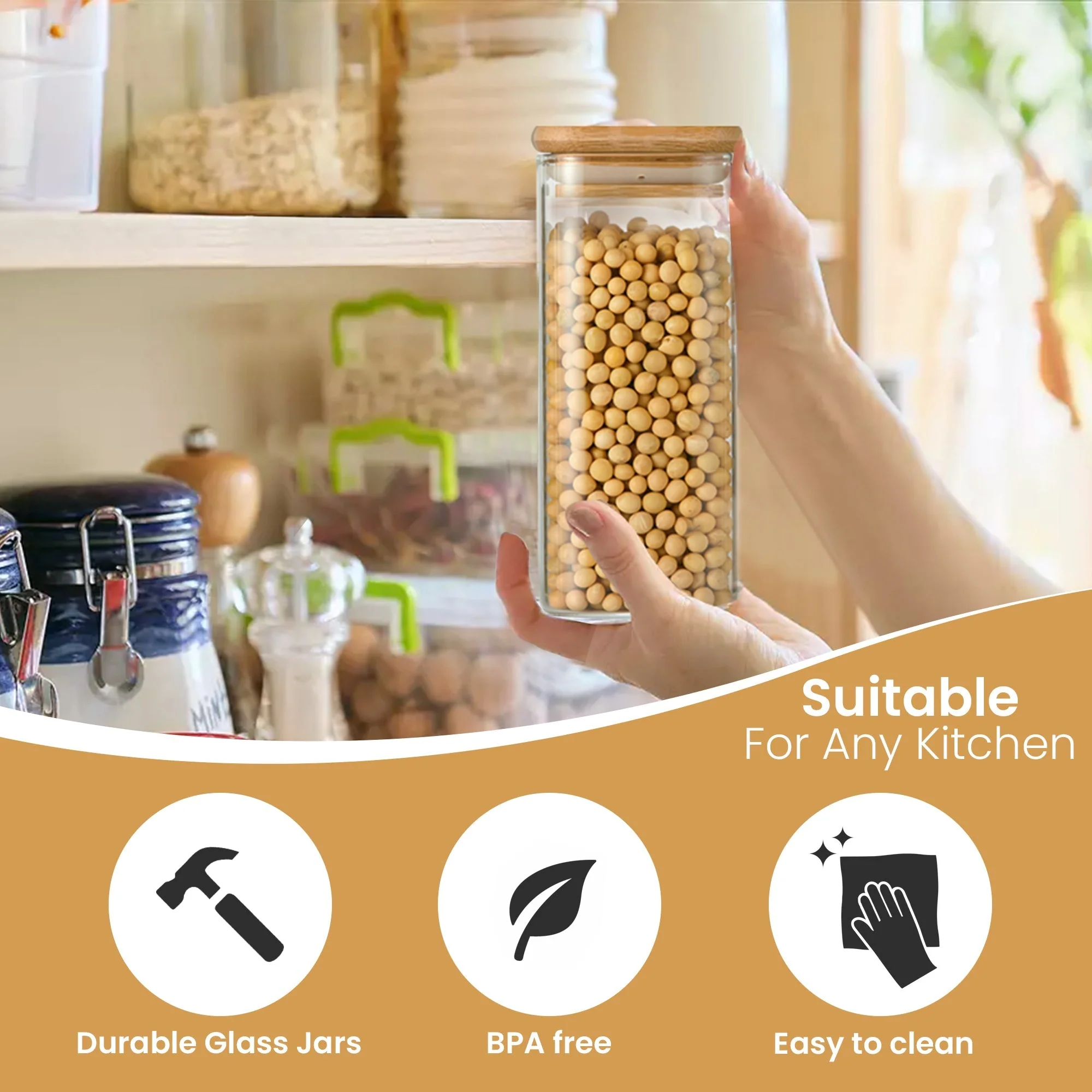 Berkware Square Food Storage Glass Jars with Bamboo Covers, Set of 6 - Image 6