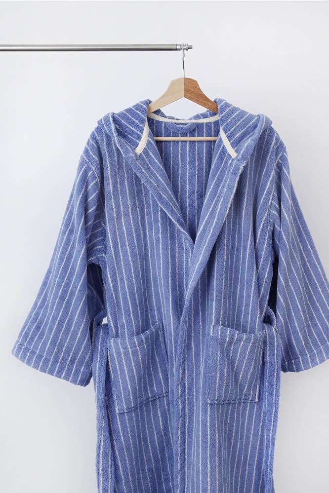 Blue Retro Hooded Stripe Bath Robe, 100% ORGANIC Long-stapled Cotton - Image 6