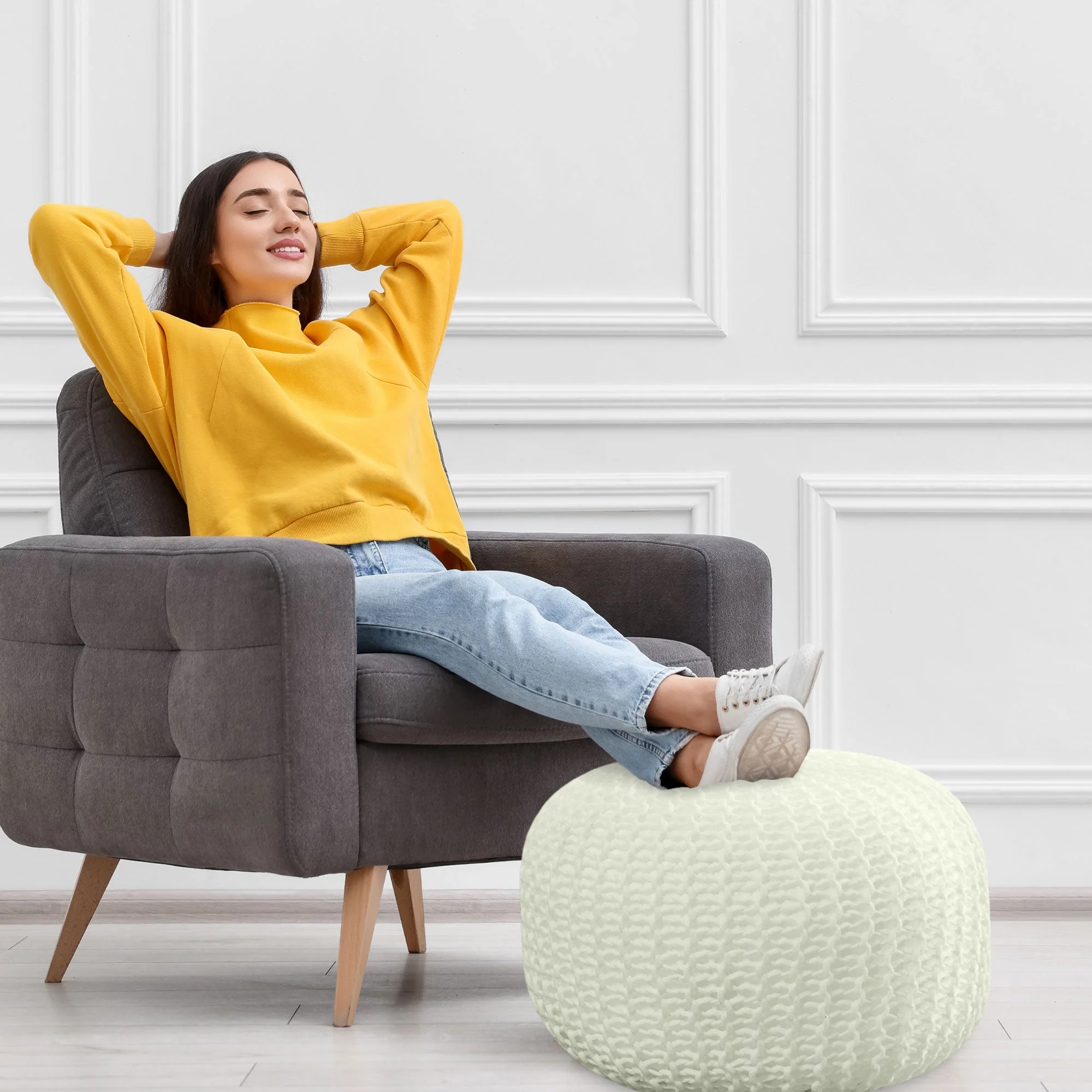 Cheer Collection 18" Round Pouf Ottoman - Chunky Hand-Knit Decorative and Comfortable Foot Rest - Image 20