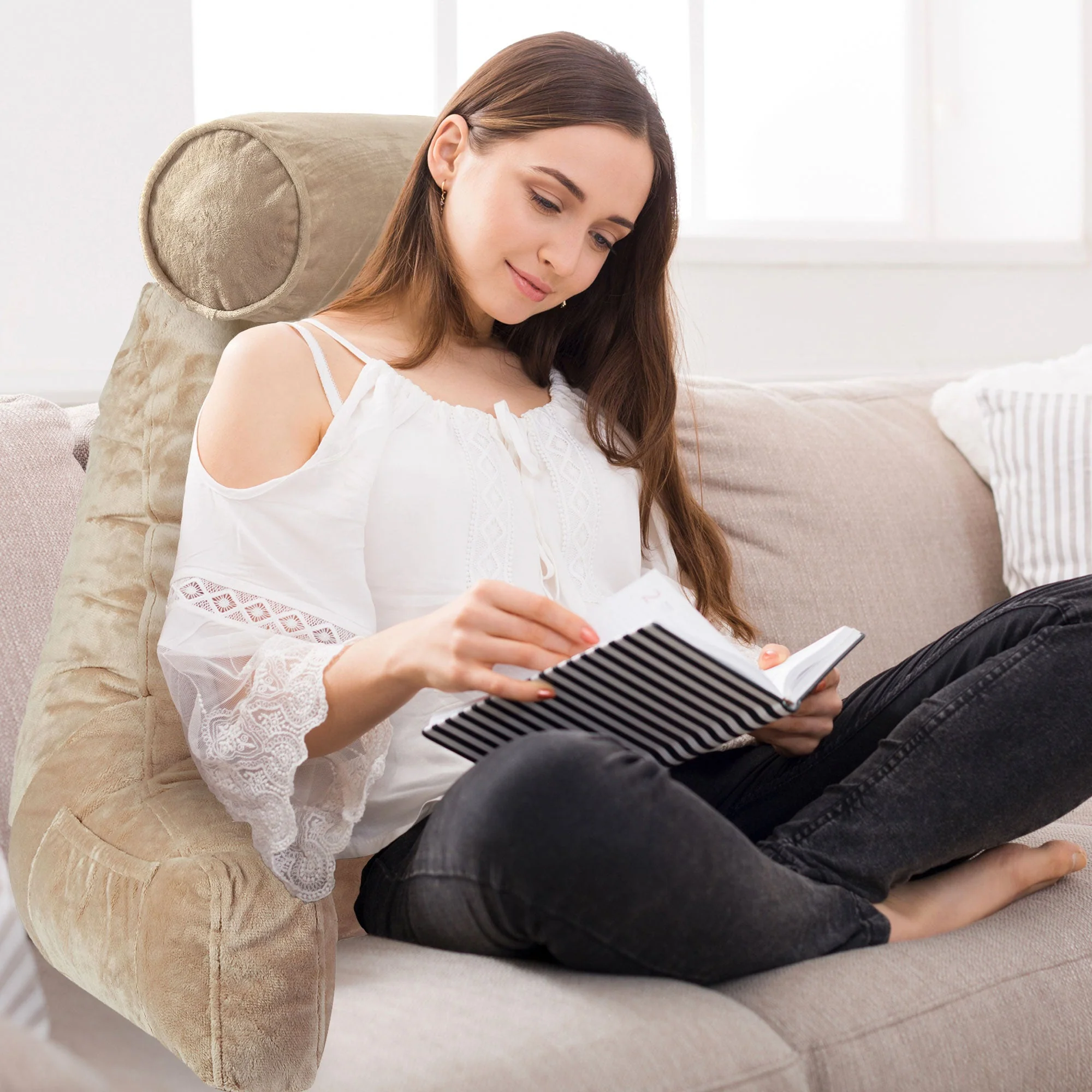 Cheer Collection Extra Large Hollow Fiber TV Pillow and Reading with Bolster & Backrest - Image 52