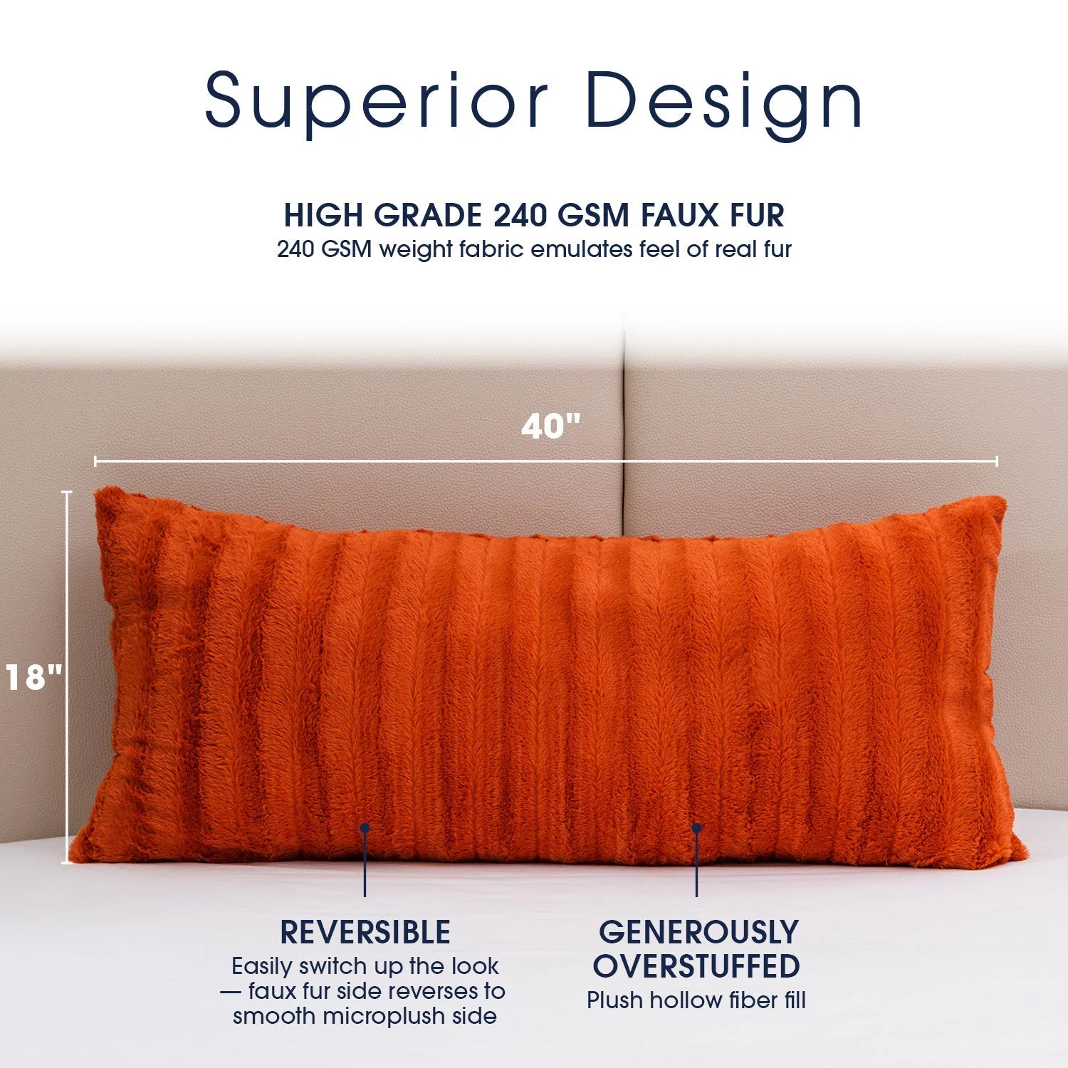 Cheer Collection Faux Fur Throw Pillow - 18" x 40" Long Decorative Body Pillow for Bed or Couch - Image 2