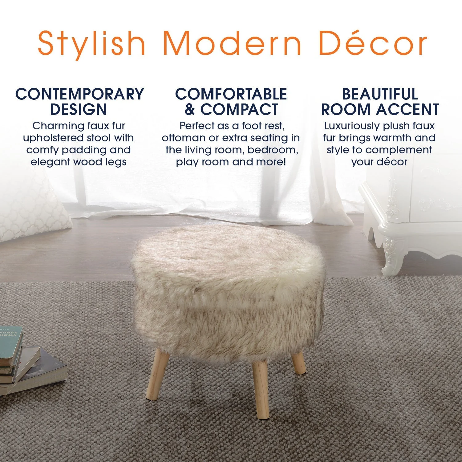 Cheer Collection Faux Fur Wood Leg Stool - Image 10