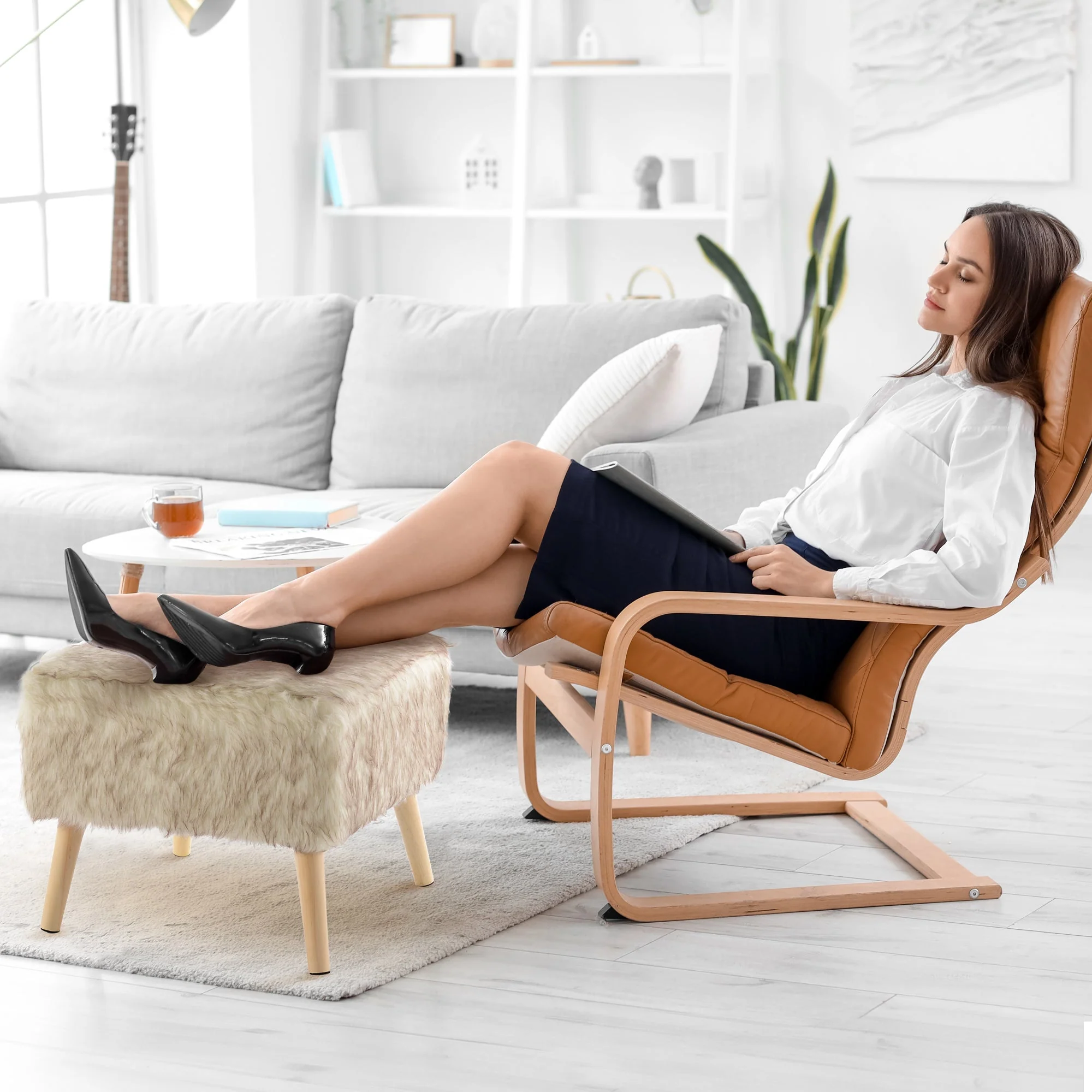 Cheer Collection Faux Fur Wood Leg Stool - Image 5