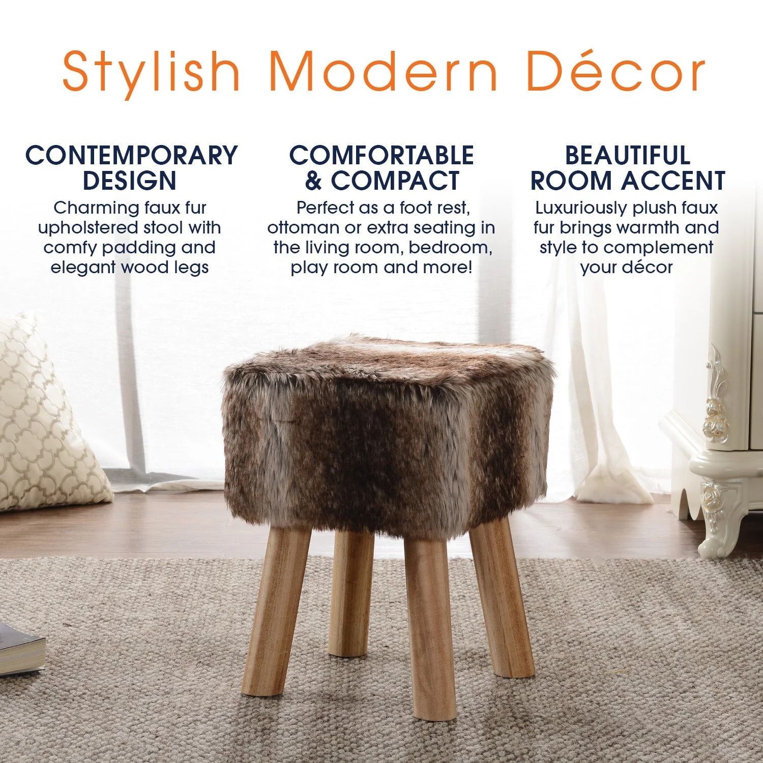 Cheer Collection Faux Fur Wood Leg Stool Brown - Square & Round - Image 2