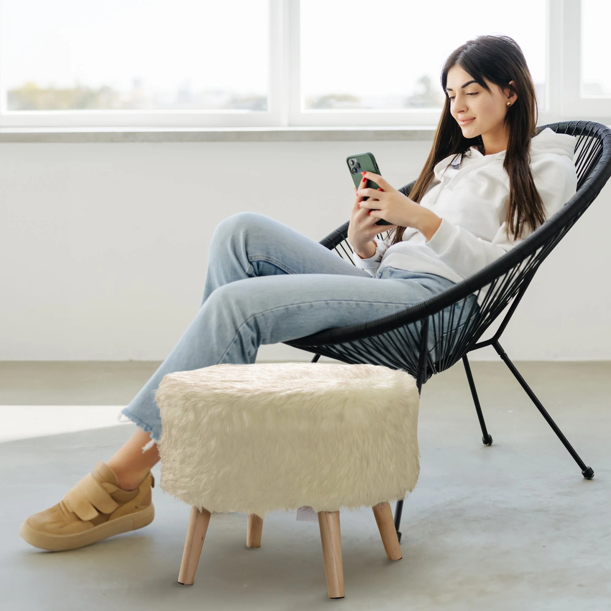 Cheer Collection Faux Fur Wood Leg Stool, White - Image 6