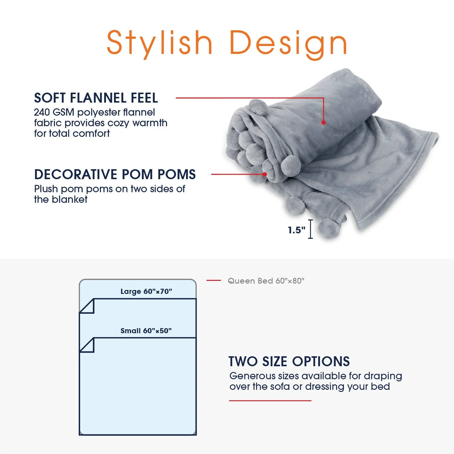 Cheer Collection Pom Pom Flannel Blanket | Ultra Soft on Skin, Lightweight Bed or Couch Throw Blanket with Pompoms - Image 4