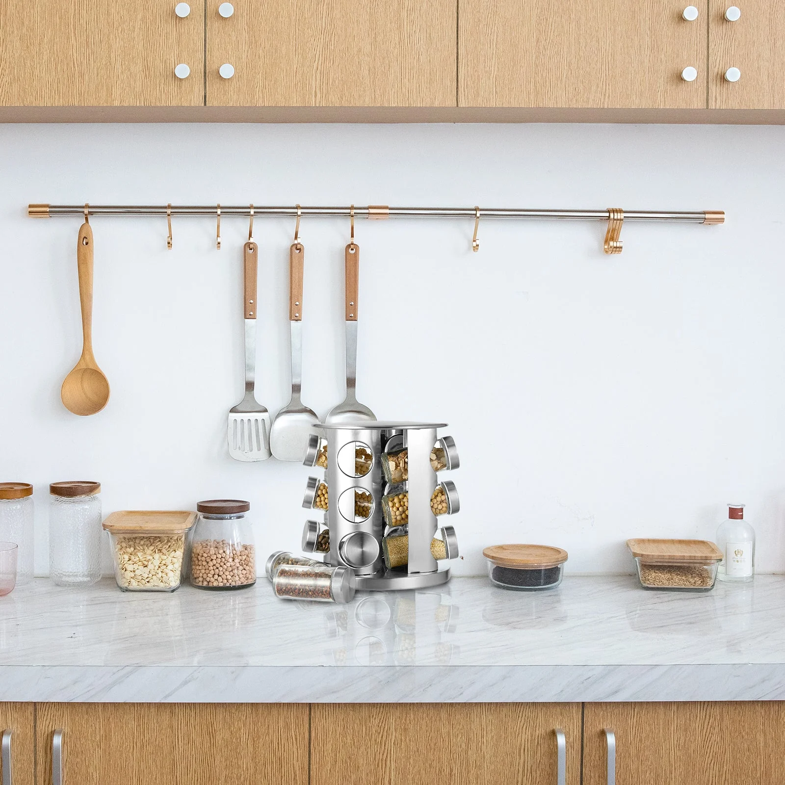 Cheer Collection Rotating Spice Rack for Countertop with 12 Jars, Stainless Steel Revolving Storage Organizer for Spices and Seasonings, plus Dry Erase Marker and 48 Reusable Labels - Image 3