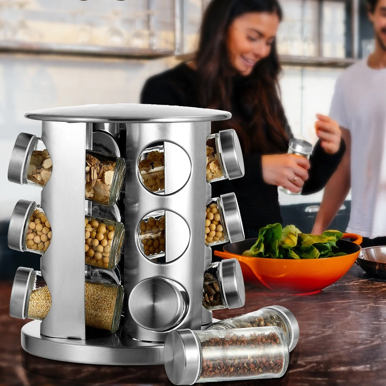 Cheer Collection Rotating Spice Rack for Countertop with 12 Jars, Stainless Steel Revolving Storage Organizer for Spices and Seasonings, plus Dry Erase Marker and 48 Reusable Labels - Image 5