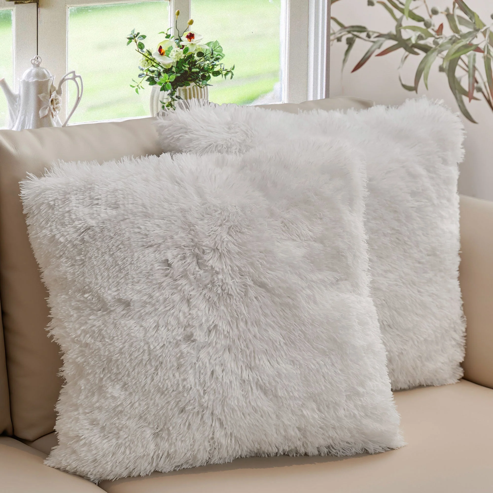 Cheer Collection Shaggy Long Hair Throw Pillows - Super Soft and Plush Faux Fur Accent Pillows - 20 x 20 inches - Set of 2 - Image 78