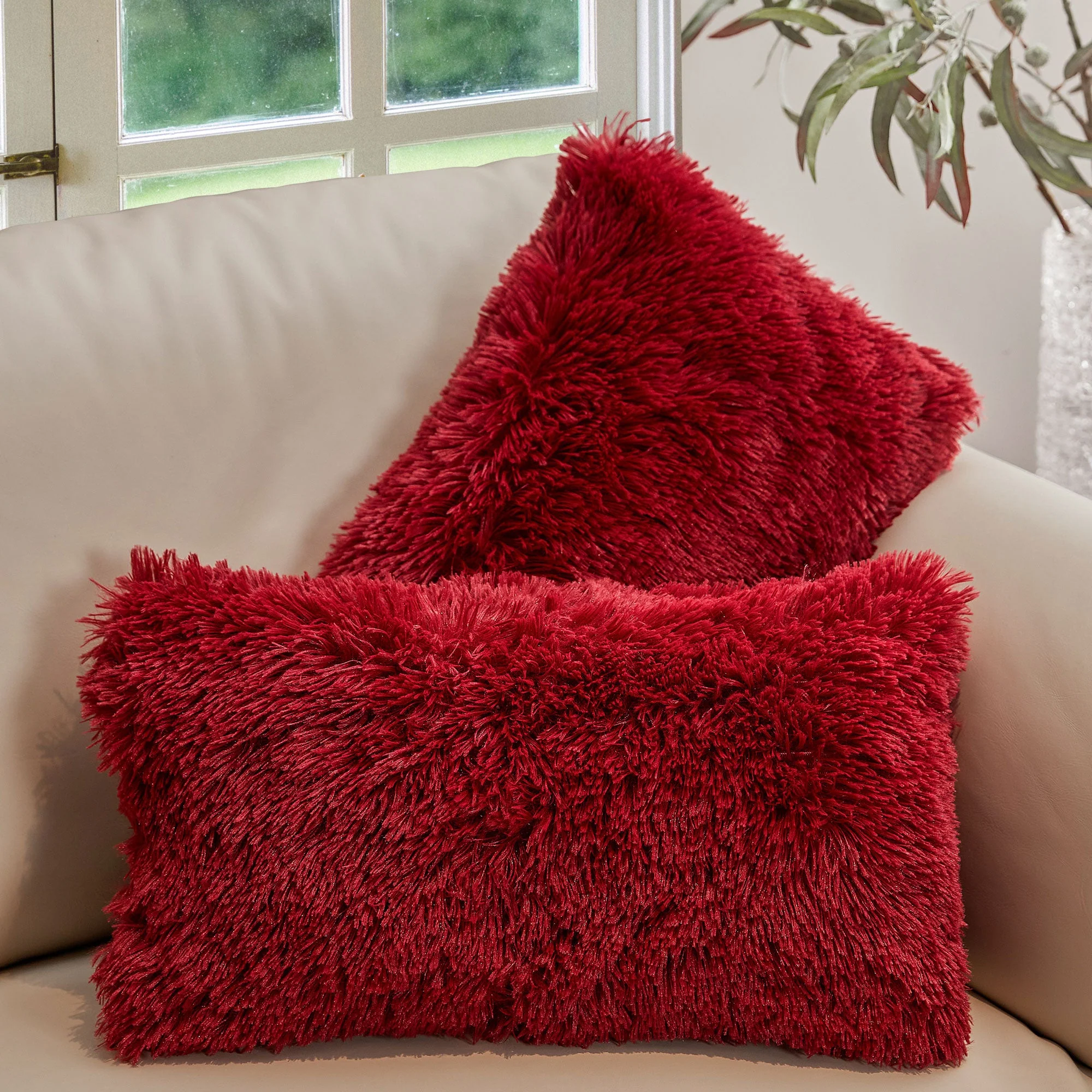 Cheer Collection  Shaggy Long Hair Throw Pillows - Super Soft and Plush Faux Fur Lumbar Accent Pillows - 12 x 20 - Set of 2 - Image 36