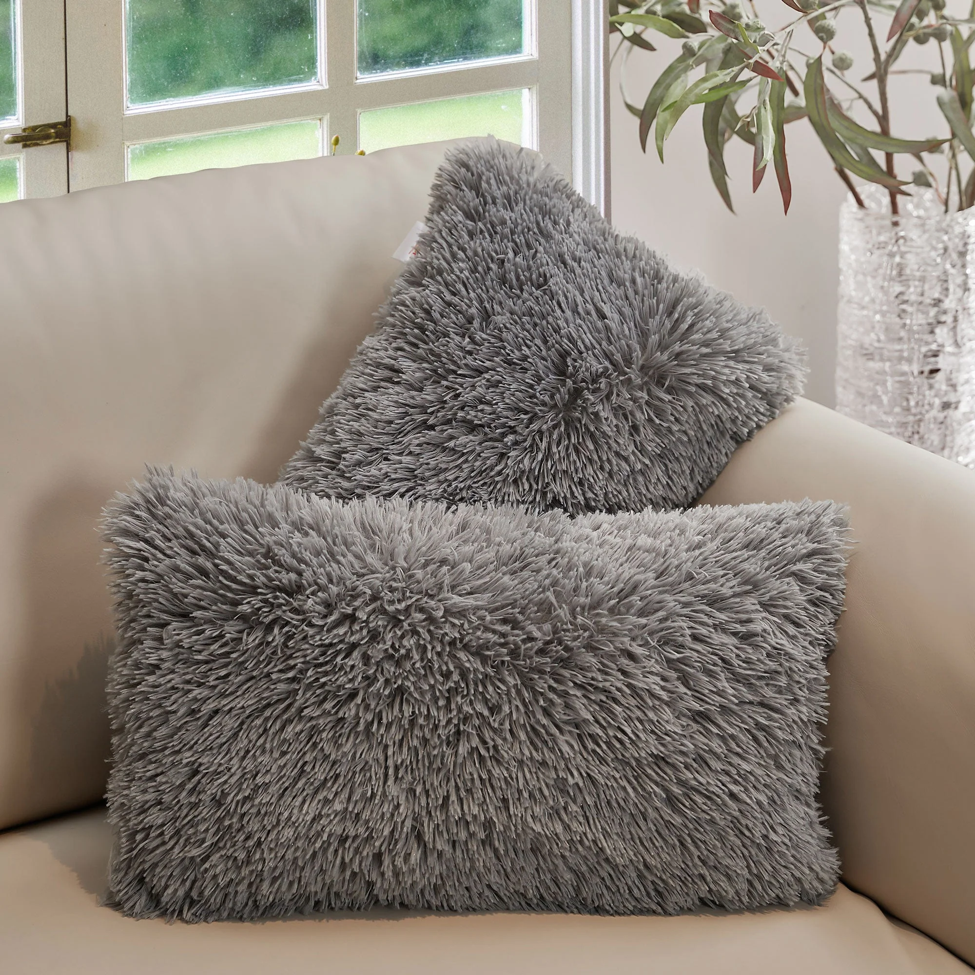 Cheer Collection  Shaggy Long Hair Throw Pillows - Super Soft and Plush Faux Fur Lumbar Accent Pillows - 12 x 20 - Set of 2 - Image 64