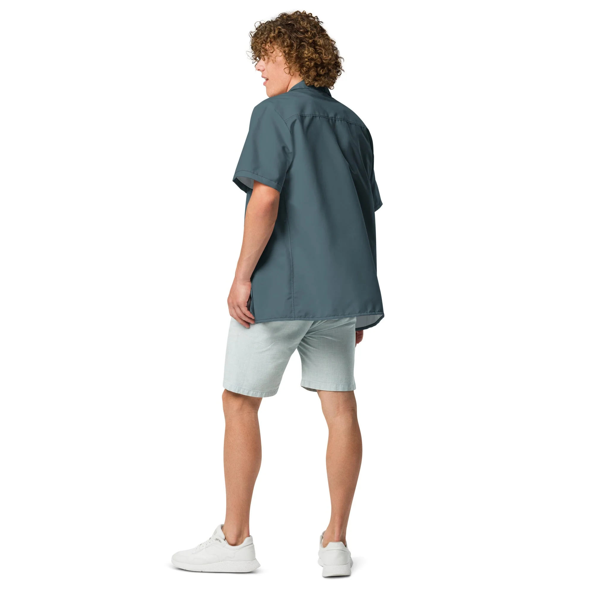 Elegant Stormy Squall Blue Camp Shirt | Recycled Polyester | Solid Button-Down | Gift for Him, Beach Lovers | Removes 2 Pounds Ocean Plastic - Image 4