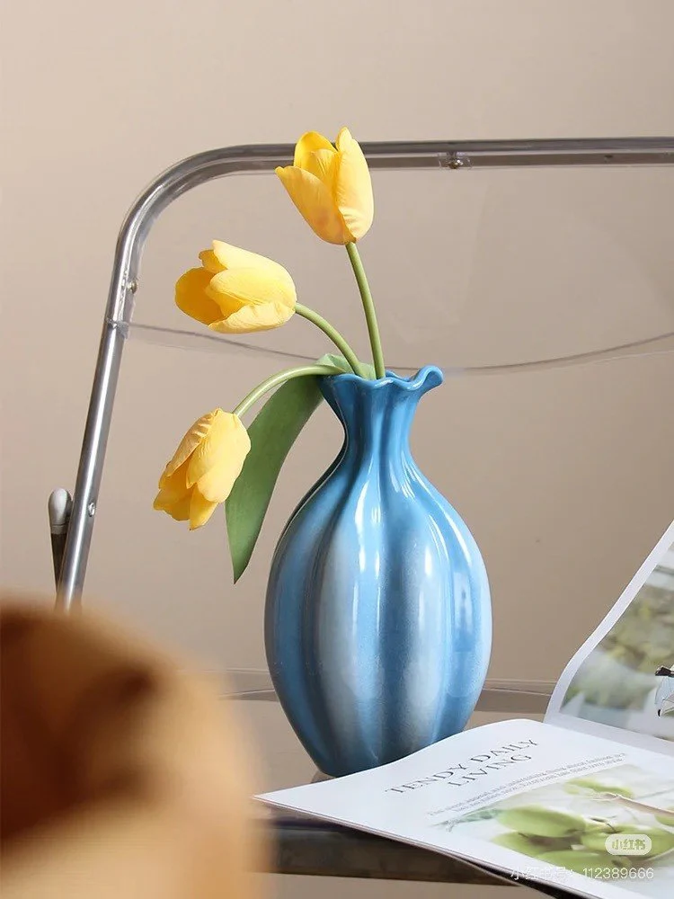 Handcrafted French Style Gradient Blue Ceramic Vase - Unique Flower Vessels - Image 4