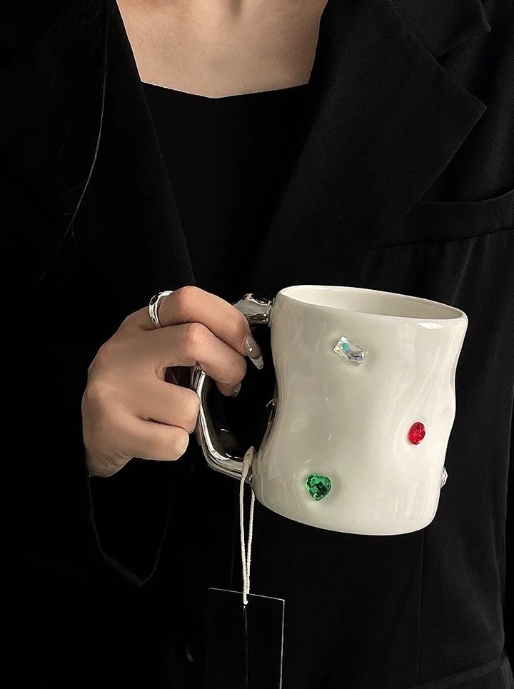 Handmade Ceramic Gemstone Couple Coffee Mugs with Wavy Handle - Image 4