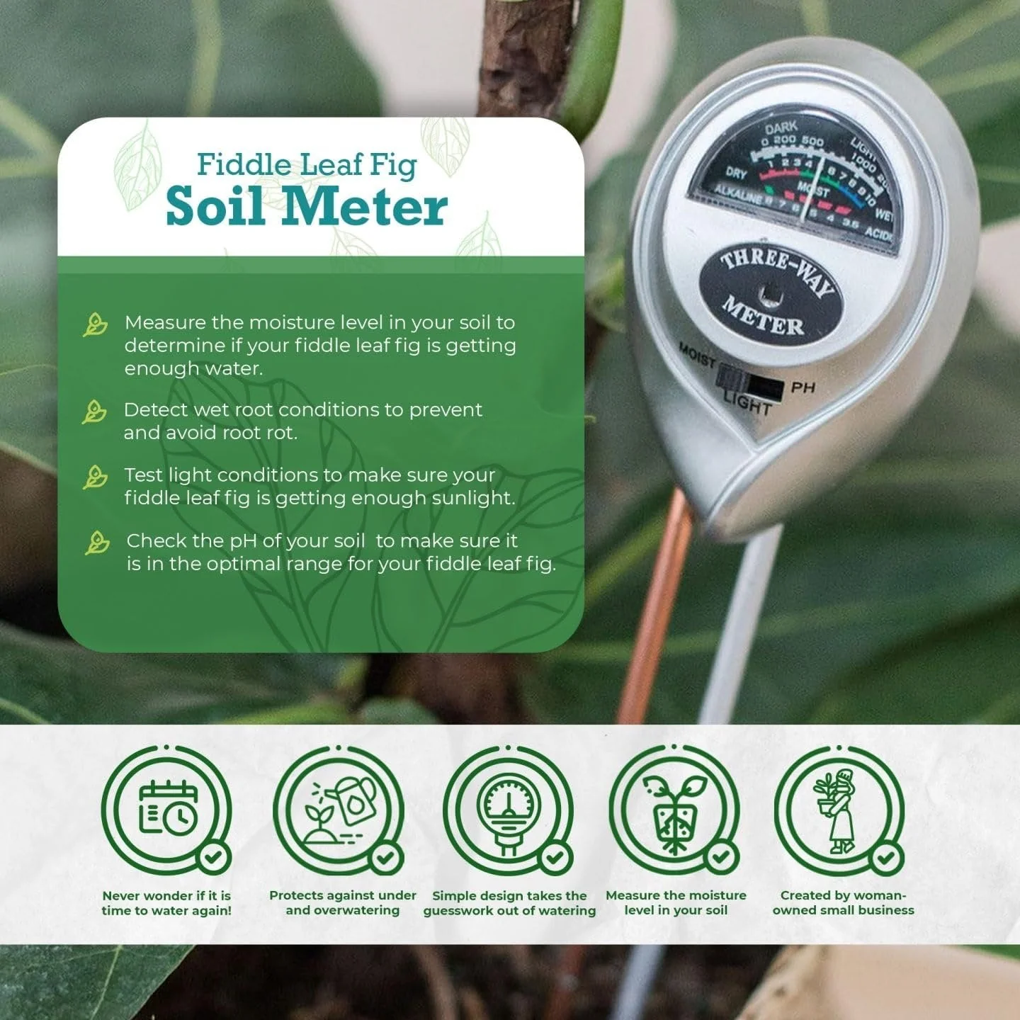 Houseplant Resource Center Fiddle Leaf Fig 3-in-1 Soil Moisture Meter for Plants – Best Indoor Plant Water Meter for Potted Houseplants - Light & Moisture Sensor Probe for Optimal Growth by Houseplant Resource Center - Image 3