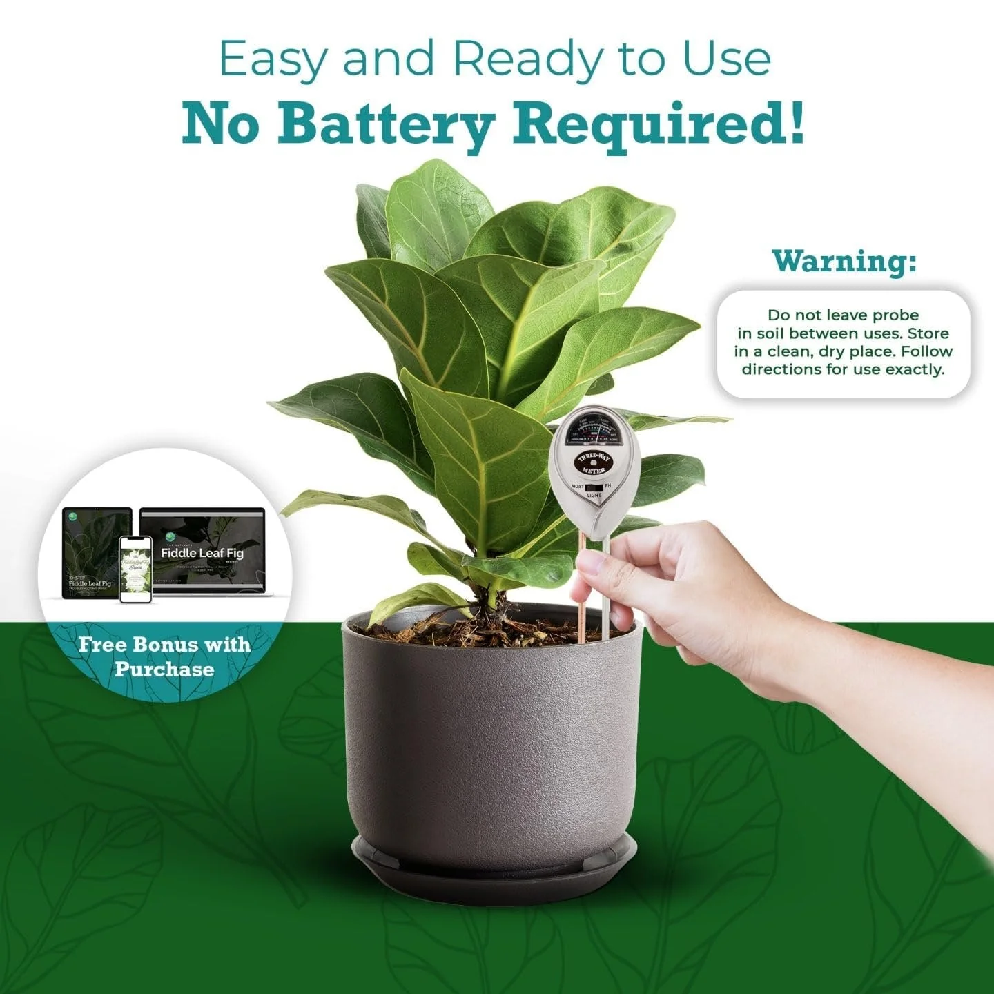 Houseplant Resource Center Fiddle Leaf Fig 3-in-1 Soil Moisture Meter for Plants – Best Indoor Plant Water Meter for Potted Houseplants - Light & Moisture Sensor Probe for Optimal Growth by Houseplant Resource Center - Image 4