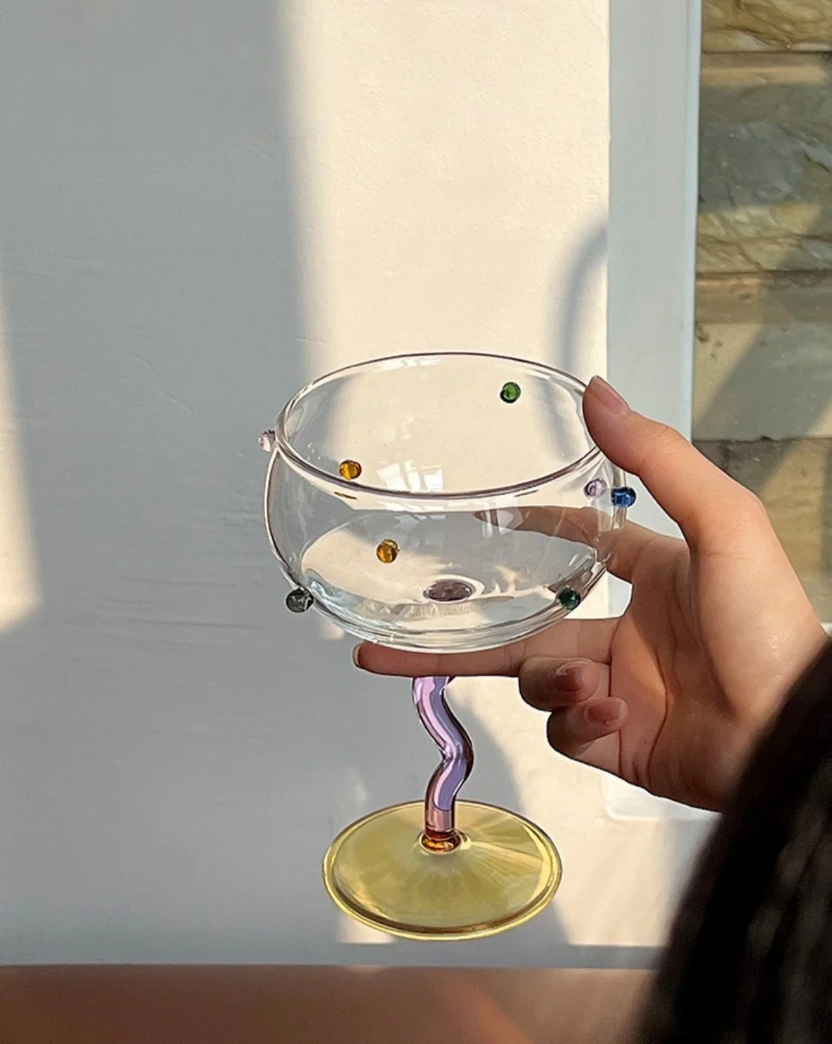 Set Of 2 Hand Blown Rainbow Sprinkles Wine Glasses, Whimsical Eclectic Dopamine Cocktail Coupes - Image 4