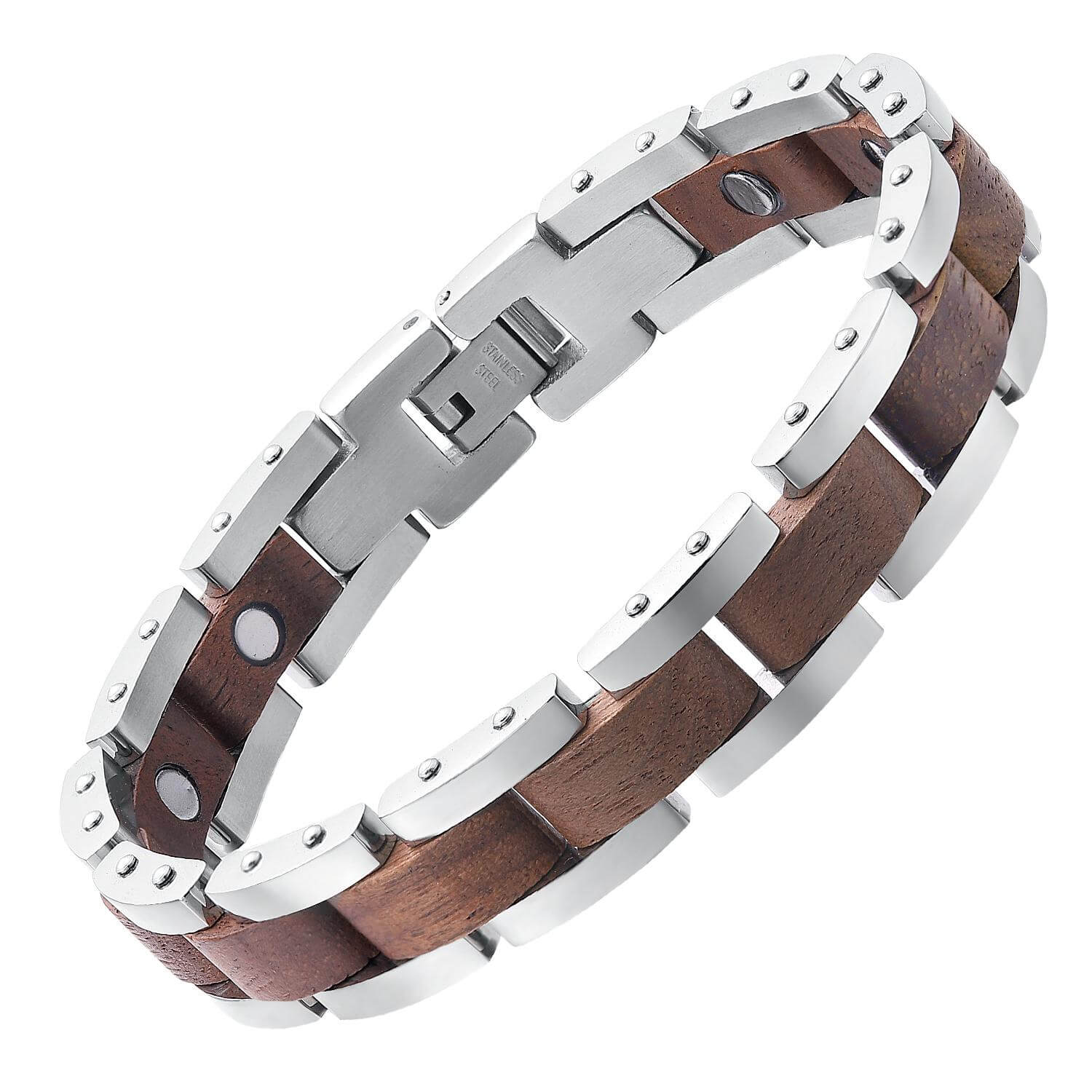 Wood and Stainless Steel Magnetic Bracelet. Silver Color available. Model WB008 - Image 2