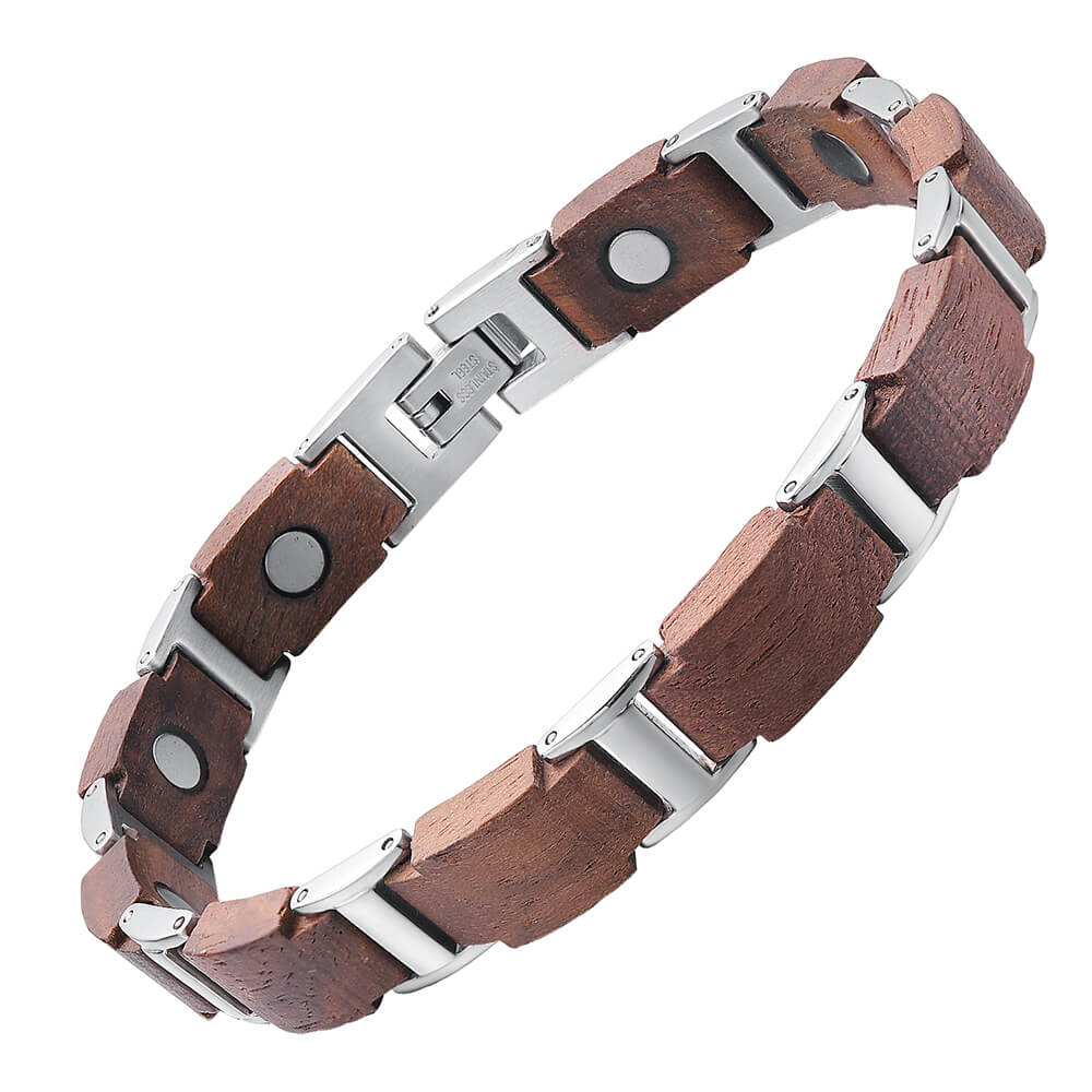 Wood and Stainless Steel Unisex Magnetic Bracelet. Brown & Silver Color. Model WB013 - Image 2